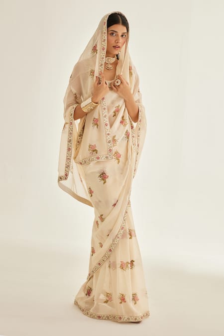 Shop Shyam Narayan Prasad White Silk, Organza Zari Round Neck Floral Hand Block Print Saree With Blouse Online at Aza Fashions Shop_Shyam Narayan Prasad_White Silk, Organza Zari Round Neck Floral Hand Block Print Saree With Blouse _Online_at_Aza_Fashions