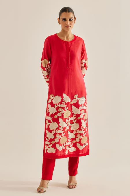 Shyam Narayan Prasad Red Silk, Chanderi Embroidery Round Neck Applique Work Kurta Set Online at Aza Fashions Shyam Narayan Prasad_Red Silk, Chanderi Embroidery Round Neck Applique Work Kurta Set _Online_at_Aza_Fashions