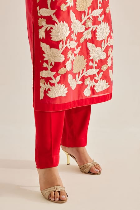 Buy Shyam Narayan Prasad Red Silk, Chanderi Embroidery Round Neck Applique Work Kurta Set Online at Aza Fashions Buy_Shyam Narayan Prasad_Red Silk, Chanderi Embroidery Round Neck Applique Work Kurta Set _Online_at_Aza_Fashions