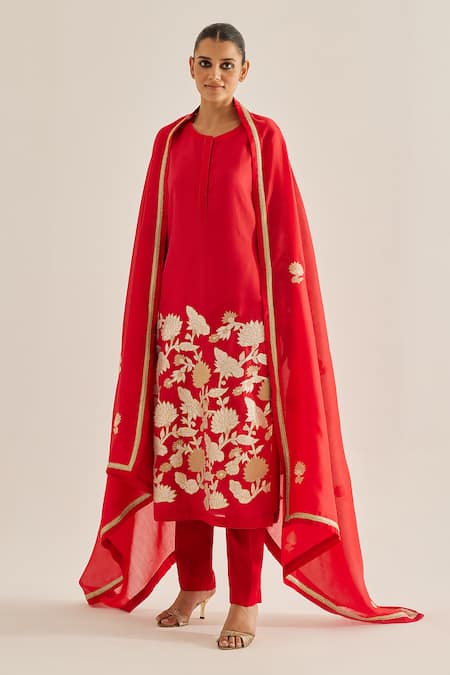 Shop Shyam Narayan Prasad Red Silk, Chanderi Embroidery Round Neck Applique Work Kurta Set Online at Aza Fashions Shop_Shyam Narayan Prasad_Red Silk, Chanderi Embroidery Round Neck Applique Work Kurta Set _Online_at_Aza_Fashions