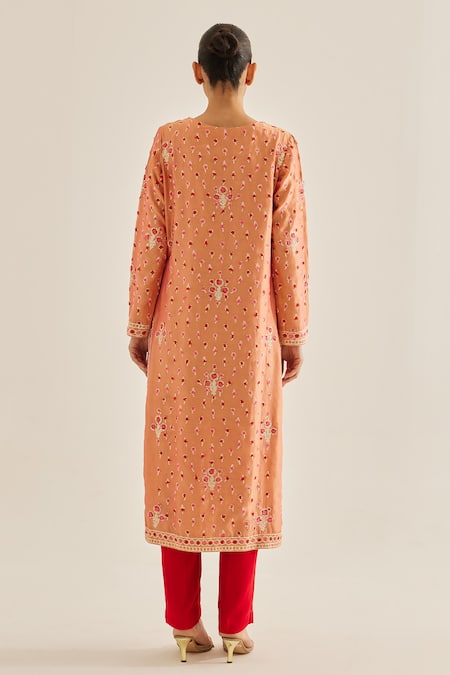 Shop Shyam Narayan Prasad Coral Silk, Chanderi, Chiffon Embroidery Round Neck Thread Kurta Set at Aza Fashions Shop_Shyam Narayan Prasad_Coral Silk, Chanderi, Chiffon Embroidery Round Neck Thread Kurta Set _at_Aza_Fashions