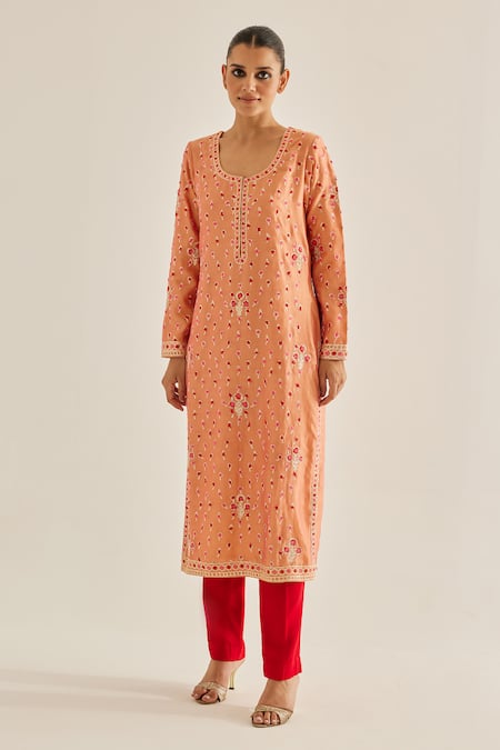 Shyam Narayan Prasad Coral Silk, Chanderi, Chiffon Embroidery Round Neck Thread Kurta Set Online at Aza Fashions Shyam Narayan Prasad_Coral Silk, Chanderi, Chiffon Embroidery Round Neck Thread Kurta Set _Online_at_Aza_Fashions