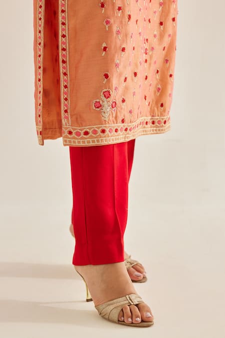 Buy Shyam Narayan Prasad Coral Silk, Chanderi, Chiffon Embroidery Round Neck Thread Kurta Set Online at Aza Fashions Buy_Shyam Narayan Prasad_Coral Silk, Chanderi, Chiffon Embroidery Round Neck Thread Kurta Set _Online_at_Aza_Fashions
