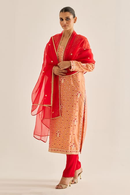 Shop Shyam Narayan Prasad Coral Silk, Chanderi, Chiffon Embroidery Round Neck Thread Kurta Set Online at Aza Fashions Shop_Shyam Narayan Prasad_Coral Silk, Chanderi, Chiffon Embroidery Round Neck Thread Kurta Set _Online_at_Aza_Fashions