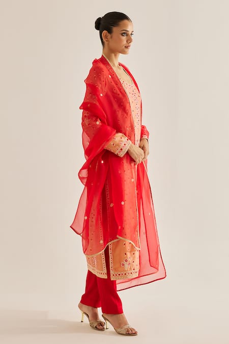 Shyam Narayan Prasad Coral Silk, Chanderi, Chiffon Embroidery Round Neck Thread Kurta Set at Aza Fashions Shyam Narayan Prasad_Coral Silk, Chanderi, Chiffon Embroidery Round Neck Thread Kurta Set _at_Aza_Fashions