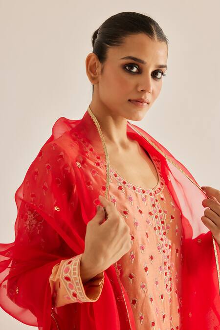 Buy Shyam Narayan Prasad Coral Silk, Chanderi, Chiffon Embroidery Round Neck Thread Kurta Set Buy_Shyam Narayan Prasad_Coral Silk, Chanderi, Chiffon Embroidery Round Neck Thread Kurta Set