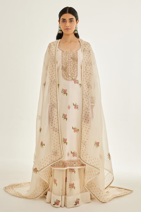 Shyam Narayan Prasad White Chanderi Embroidered Floral Round Zardosi Kurta Skirt Set 