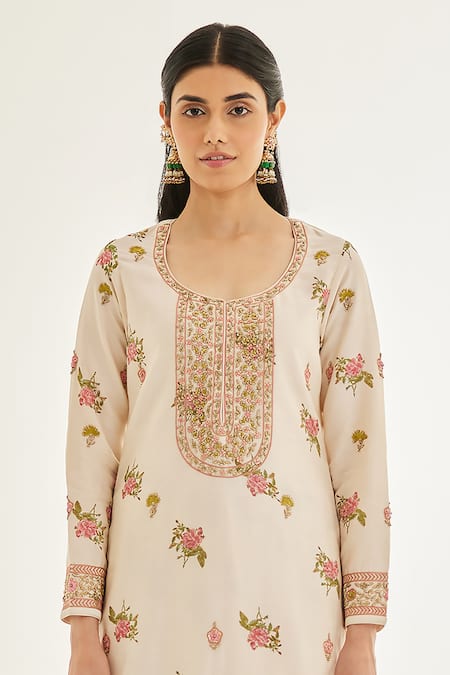 Buy_Shyam Narayan Prasad_White Chanderi, Organza, Chiffon Embroidery Round Neck Zardosi Kurta Skirt Set _Online_at_Aza_Fashions