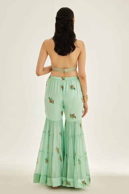 Shop Shyam Narayan Prasad Blue Organza, Modal, Chiffon Embroidery V-neck Floral Blouse Sharara Set at Aza Fashions Shop_Shyam Narayan Prasad_Blue Organza, Modal, Chiffon Embroidery V-neck Floral Blouse Sharara Set _at_Aza_Fashions