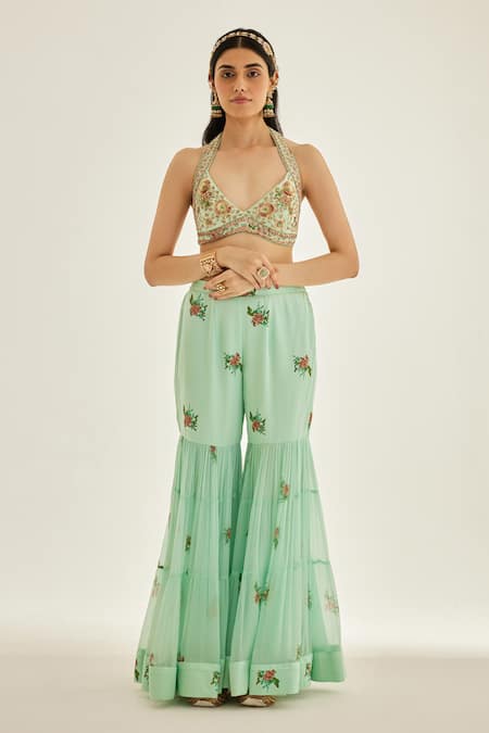 Shyam Narayan Prasad Blue Organza, Modal, Chiffon Embroidery V-neck Floral Blouse Sharara Set Online at Aza Fashions Shyam Narayan Prasad_Blue Organza, Modal, Chiffon Embroidery V-neck Floral Blouse Sharara Set _Online_at_Aza_Fashions