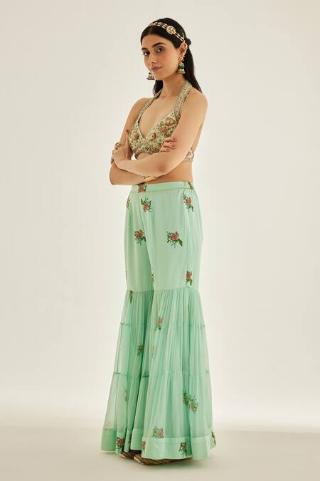 Buy Shyam Narayan Prasad Blue Organza, Modal, Chiffon Embroidery V-neck Floral Blouse Sharara Set Online at Aza Fashions Buy_Shyam Narayan Prasad_Blue Organza, Modal, Chiffon Embroidery V-neck Floral Blouse Sharara Set _Online_at_Aza_Fashions