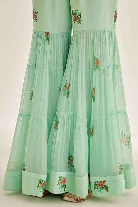 Shop Shyam Narayan Prasad Blue Organza, Modal, Chiffon Embroidery V-neck Floral Blouse Sharara Set Online at Aza Fashions Shop_Shyam Narayan Prasad_Blue Organza, Modal, Chiffon Embroidery V-neck Floral Blouse Sharara Set _Online_at_Aza_Fashions