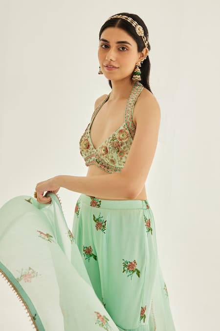 Shyam Narayan Prasad Blue Organza, Modal, Chiffon Embroidery V-neck Floral Blouse Sharara Set at Aza Fashions Shyam Narayan Prasad_Blue Organza, Modal, Chiffon Embroidery V-neck Floral Blouse Sharara Set _at_Aza_Fashions