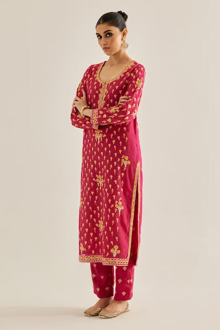 Shyam Narayan Prasad Red Silk, Chanderi Embroidery Round Neck Floral Thread Kurta Set Online at Aza Fashions Shyam Narayan Prasad_Red Silk, Chanderi Embroidery Round Neck Floral Thread Kurta Set _Online_at_Aza_Fashions