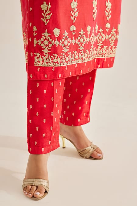 Shyam Narayan Prasad Red Silk, Chanderi Embroidery Round Neck Floral Dori Kurta Set Online at Aza Fashions Shyam Narayan Prasad_Red Silk, Chanderi Embroidery Round Neck Floral Dori Kurta Set _Online_at_Aza_Fashions