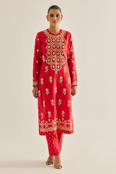 Buy Shyam Narayan Prasad Red Silk, Chanderi Embroidery Round Neck Floral Dori Kurta Set Online at Aza Fashions Buy_Shyam Narayan Prasad_Red Silk, Chanderi Embroidery Round Neck Floral Dori Kurta Set _Online_at_Aza_Fashions
