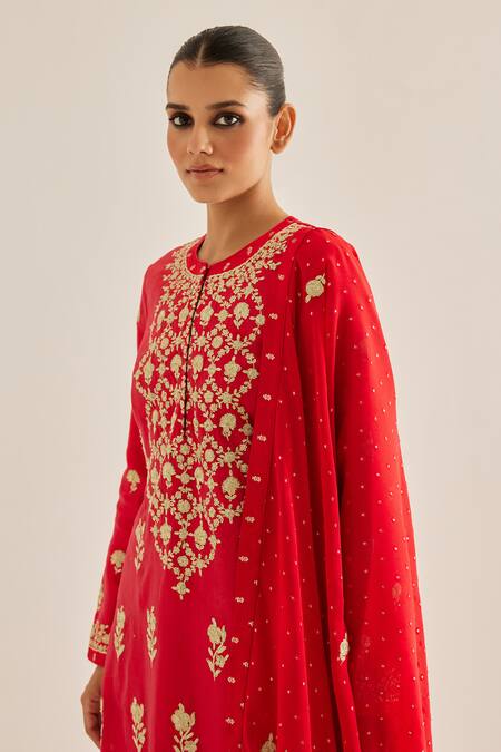 Shyam Narayan Prasad Red Silk, Chanderi Embroidery Round Neck Floral Dori Kurta Set at Aza Fashions Shyam Narayan Prasad_Red Silk, Chanderi Embroidery Round Neck Floral Dori Kurta Set _at_Aza_Fashions