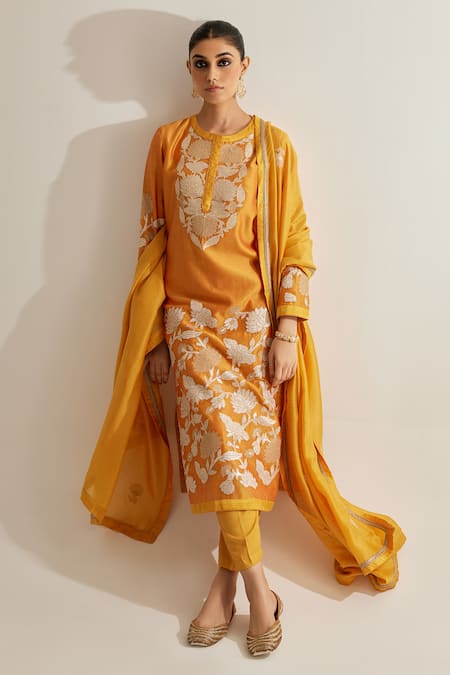 Shyam Narayan Prasad Yellow Silk Chanderi Embroidered Applique Round Kurta Set 