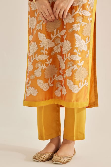 Buy_Shyam Narayan Prasad_Yellow Silk, Chanderi Embroidery Round Neck Applique Kurta Set _Online_at_Aza_Fashions