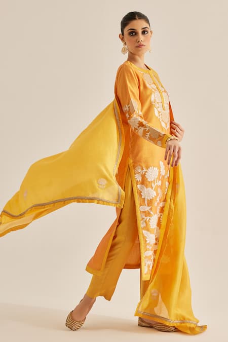 Shop_Shyam Narayan Prasad_Yellow Silk, Chanderi Embroidery Round Neck Applique Kurta Set _Online_at_Aza_Fashions