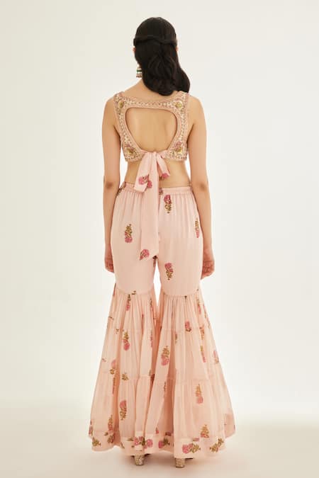 Shop Shyam Narayan Prasad Pink Organza, Chiffon, Modal Embroidery Sweetheart Neck Zari Blouse Sharara Set at Aza Fashions Shop_Shyam Narayan Prasad_Pink Organza, Chiffon, Modal Embroidery Sweetheart Neck Zari Blouse Sharara Set _at_Aza_Fashions