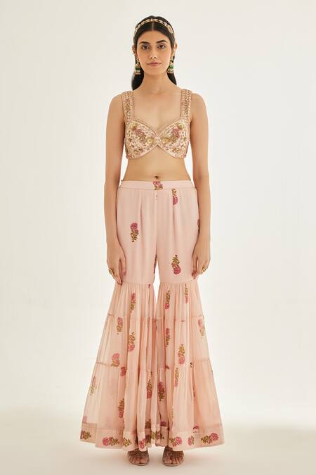 Shyam Narayan Prasad Pink Organza, Chiffon, Modal Embroidery Sweetheart Neck Zari Blouse Sharara Set Online at Aza Fashions Shyam Narayan Prasad_Pink Organza, Chiffon, Modal Embroidery Sweetheart Neck Zari Blouse Sharara Set _Online_at_Aza_Fashions