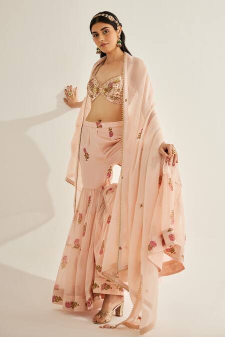 Shop Shyam Narayan Prasad Pink Organza, Chiffon, Modal Embroidery Sweetheart Neck Zari Blouse Sharara Set Online at Aza Fashions Shop_Shyam Narayan Prasad_Pink Organza, Chiffon, Modal Embroidery Sweetheart Neck Zari Blouse Sharara Set _Online_at_Aza_Fashions