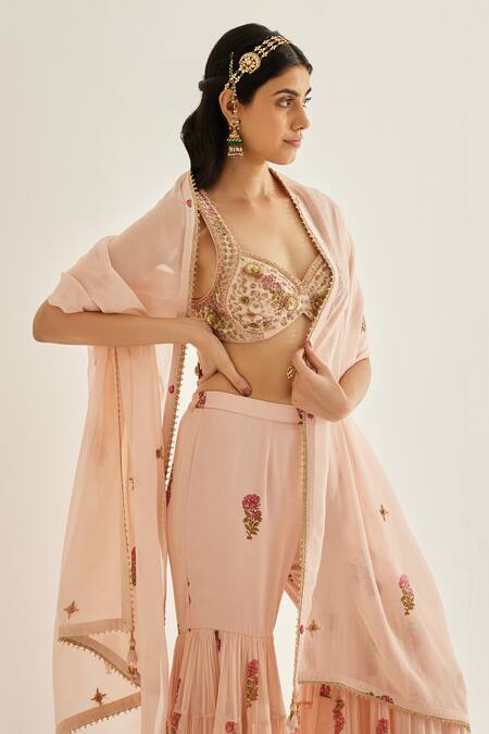 Shyam Narayan Prasad Pink Organza, Chiffon, Modal Embroidery Sweetheart Neck Zari Blouse Sharara Set at Aza Fashions Shyam Narayan Prasad_Pink Organza, Chiffon, Modal Embroidery Sweetheart Neck Zari Blouse Sharara Set _at_Aza_Fashions