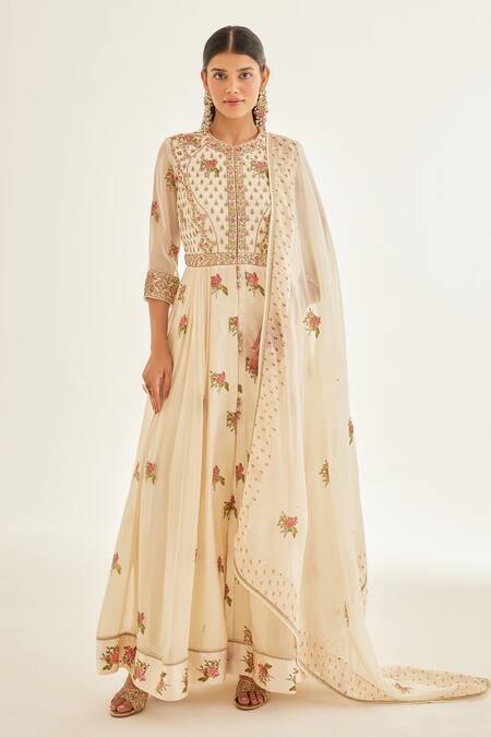 Shyam Narayan Prasad White Modal Satin Embroidered Zardozi Round Work And Printed Anarkali Pant Set 