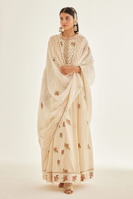 Shyam Narayan Prasad White Modal, Chiffon, Organza, Satin Zardozi Work And Printed Anarkali Pant Set Online at Aza Fashions Shyam Narayan Prasad_White Modal, Chiffon, Organza, Satin Zardozi Work And Printed Anarkali Pant Set _Online_at_Aza_Fashions