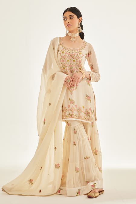 Shyam Narayan Prasad White Organza Embroidered Zardozi Scoop Neck Work And Printed Kurta Sharara Set 