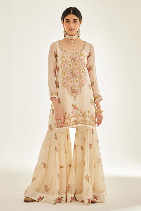 Shyam Narayan Prasad White Organza, Chiffon Zari, Embroidery Zardozi Work And Printed Kurta Sharara Set Online at Aza Fashions Shyam Narayan Prasad_White Organza, Chiffon Zari, Embroidery Zardozi Work And Printed Kurta Sharara Set _Online_at_Aza_Fashions