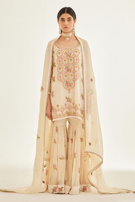 Buy Shyam Narayan Prasad White Organza, Chiffon Zari, Embroidery Zardozi Work And Printed Kurta Sharara Set Online at Aza Fashions Buy_Shyam Narayan Prasad_White Organza, Chiffon Zari, Embroidery Zardozi Work And Printed Kurta Sharara Set _Online_at_Aza_Fashions