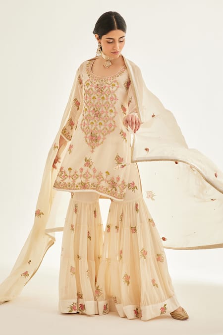 Shop Shyam Narayan Prasad White Organza, Chiffon Zari, Embroidery Zardozi Work And Printed Kurta Sharara Set Online at Aza Fashions Shop_Shyam Narayan Prasad_White Organza, Chiffon Zari, Embroidery Zardozi Work And Printed Kurta Sharara Set _Online_at_Aza_Fashions
