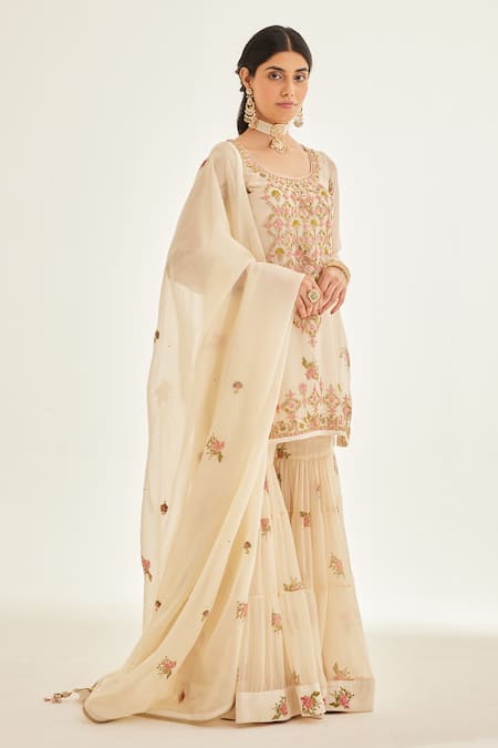 Shop Shyam Narayan Prasad White Organza, Chiffon Zari, Embroidery Zardozi Work And Printed Kurta Sharara Set Shop_Shyam Narayan Prasad_White Organza, Chiffon Zari, Embroidery Zardozi Work And Printed Kurta Sharara Set