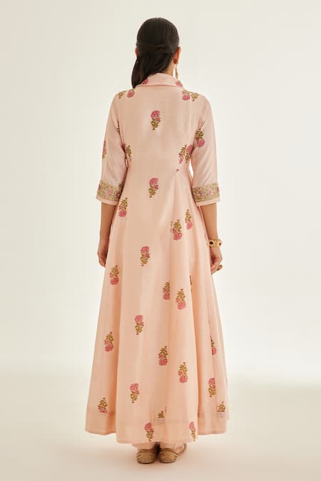 Shop Shyam Narayan Prasad Pink Chanderi Zari Shawl Neck Hand Block Print Angrakha And Pant Set at Aza Fashions Shop_Shyam Narayan Prasad_Pink Chanderi Zari Shawl Neck Hand Block Print Angrakha And Pant Set _at_Aza_Fashions