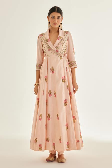 Shyam Narayan Prasad Pink Chanderi Zari Shawl Neck Hand Block Print Angrakha And Pant Set Online at Aza Fashions Shyam Narayan Prasad_Pink Chanderi Zari Shawl Neck Hand Block Print Angrakha And Pant Set _Online_at_Aza_Fashions