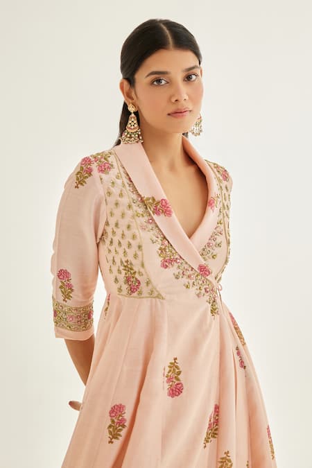 Buy Shyam Narayan Prasad Pink Chanderi Zari Shawl Neck Hand Block Print Angrakha And Pant Set Online at Aza Fashions Buy_Shyam Narayan Prasad_Pink Chanderi Zari Shawl Neck Hand Block Print Angrakha And Pant Set _Online_at_Aza_Fashions