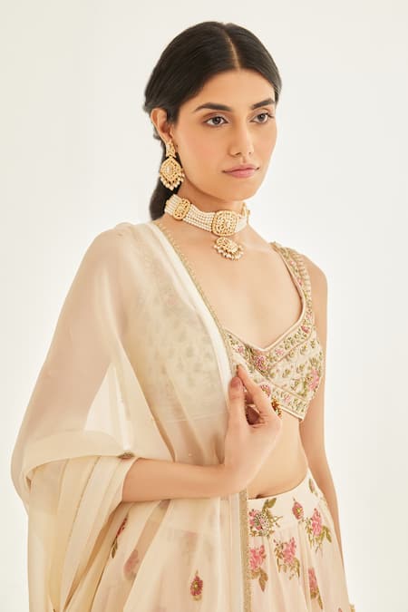 Shop Shyam Narayan Prasad White Organza, Chiffon, Modal Embroidery, Hand Block Print Bridal Lehenga Set Online at Aza Fashions Shop_Shyam Narayan Prasad_White Organza, Chiffon, Modal Embroidery, Hand Block Print Bridal Lehenga Set _Online_at_Aza_Fashions