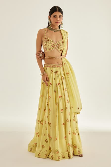 Shyam Narayan Prasad Yellow Modal Satin Embroidered Zardozi Hand Block Floral Print Lehenga Set 