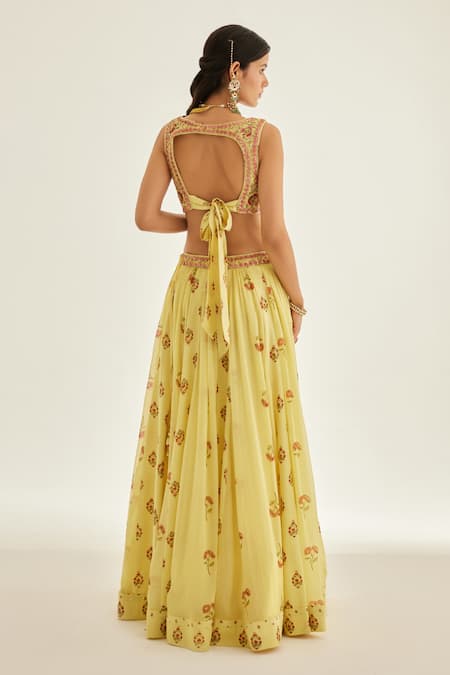 Shop Shyam Narayan Prasad Yellow Modal, Chiffon, Organza Embroidery, Hand Block Floral Print Lehenga Set at Aza Fashions Shop_Shyam Narayan Prasad_Yellow Modal, Chiffon, Organza Embroidery, Hand Block Floral Print Lehenga Set _at_Aza_Fashions