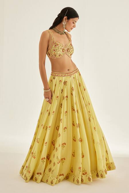 Shyam Narayan Prasad Yellow Modal, Chiffon, Organza Embroidery, Hand Block Floral Print Lehenga Set Online at Aza Fashions Shyam Narayan Prasad_Yellow Modal, Chiffon, Organza Embroidery, Hand Block Floral Print Lehenga Set _Online_at_Aza_Fashions