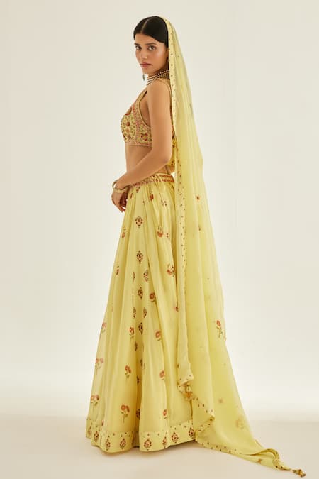 Shyam Narayan Prasad Yellow Modal, Chiffon, Organza Embroidery, Hand Block Floral Print Lehenga Set at Aza Fashions Shyam Narayan Prasad_Yellow Modal, Chiffon, Organza Embroidery, Hand Block Floral Print Lehenga Set _at_Aza_Fashions