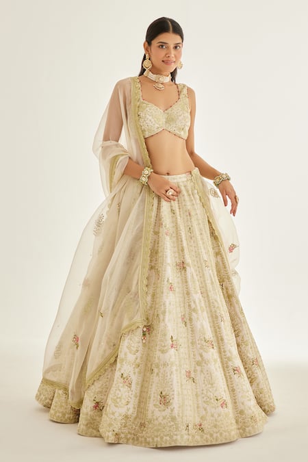 Shyam Narayan Prasad White Raw Silk And Organza Embroidered Zari Work & Floral Print Bridal Lehenga Set 