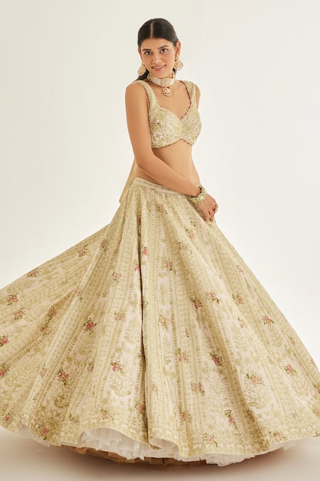 Shyam Narayan Prasad White Silk, Organza Zari, Tassels V-neck Work And Floral Print Bridal Lehenga Set Online at Aza Fashions Shyam Narayan Prasad_White Silk, Organza Zari, Tassels V-neck Work And Floral Print Bridal Lehenga Set _Online_at_Aza_Fashions