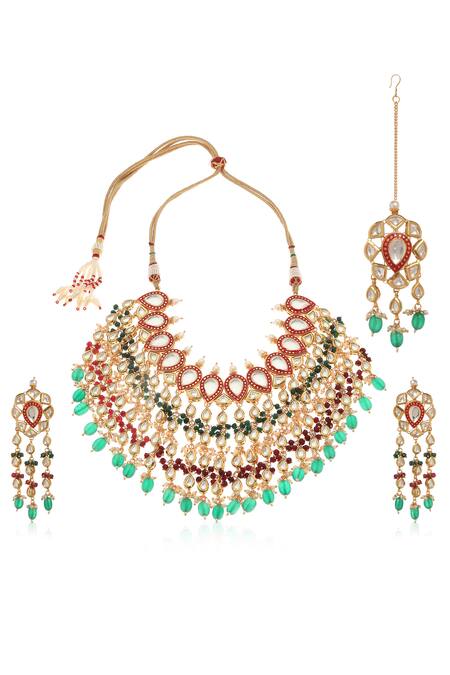 Shop_MINAKI_Gold Plated Kundan Meenakari Necklace Set_at_Aza_Fashions