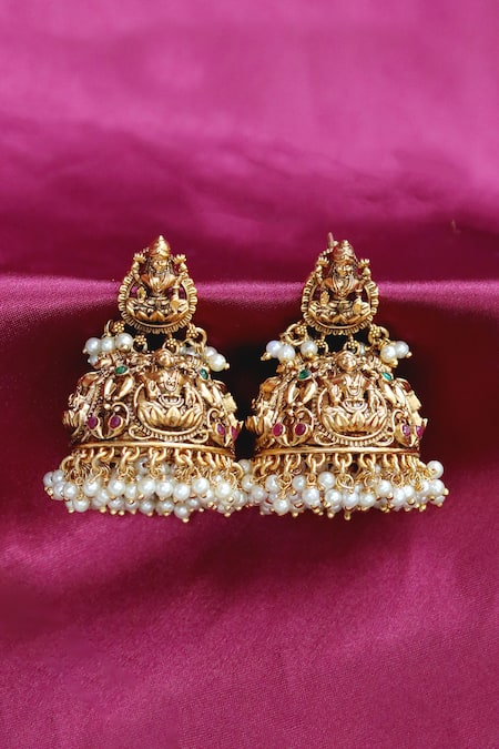Shop Ishhaara Gold Plated Carved Temple Jhumkas at Aza Fashions Shop_Ishhaara_Gold Plated Carved Temple Jhumkas _at_Aza_Fashions