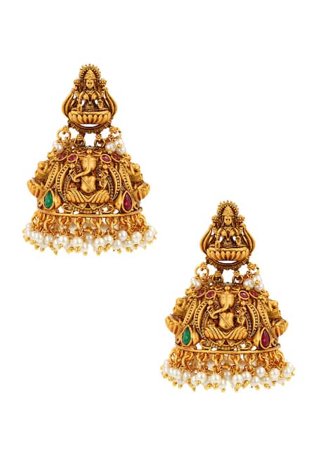 Shop Ishhaara Gold Plated Carved Temple Jhumkas at Aza Fashions Shop_Ishhaara_Gold Plated Carved Temple Jhumkas _at_Aza_Fashions
