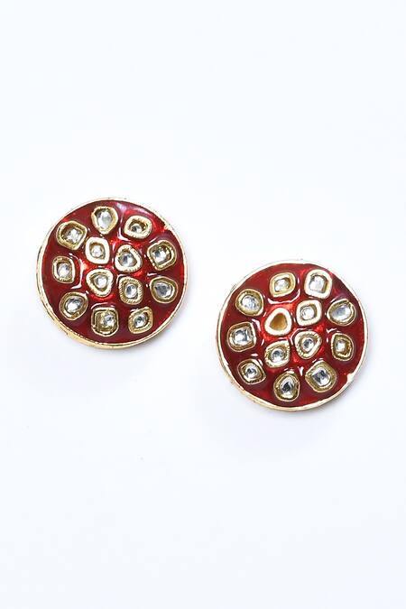Just Shradhas_Maroon Embroidery Kundan Embellished Circular Stud Earrings _Online_at_Aza_Fashions