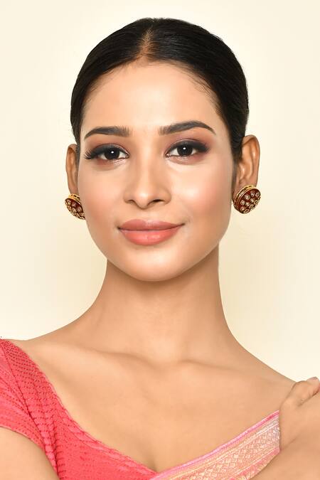 Shop_Just Shradhas_Maroon Embroidery Kundan Embellished Circular Stud Earrings _Online_at_Aza_Fashions